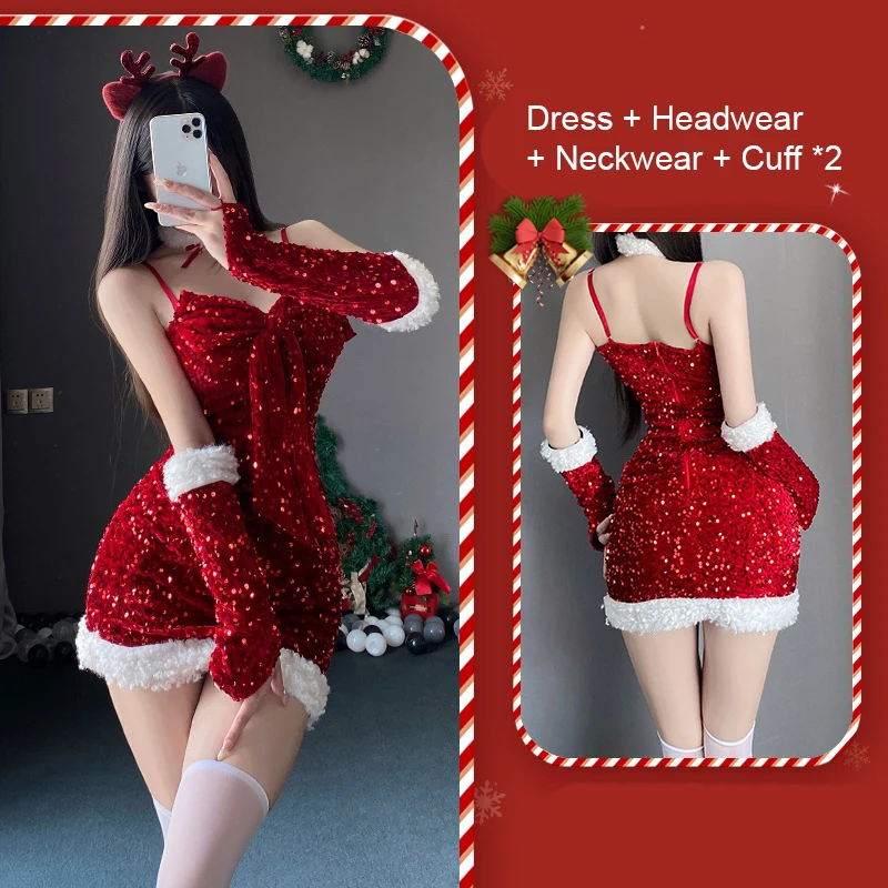 

Sexy Glitter Christmas Clothing Set New Year Red Dress Nightdress Uniforms Fluffy Fur Trim Xmas Lady Santa Claus Cosplay Costume