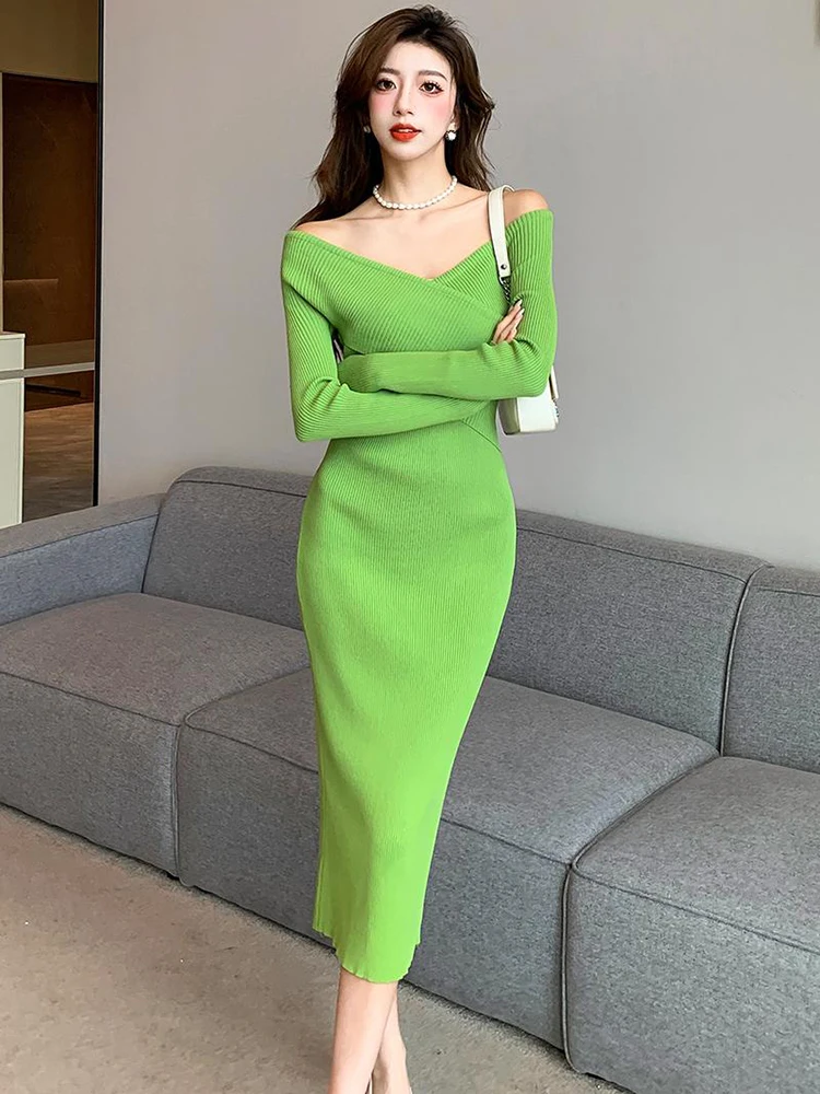 New 2024 Autumn Winter Sweater Dress Women V Neck Cross Sexy Long Sleeve Knitted Dress Korean Fashion Women\'s Midi Dress