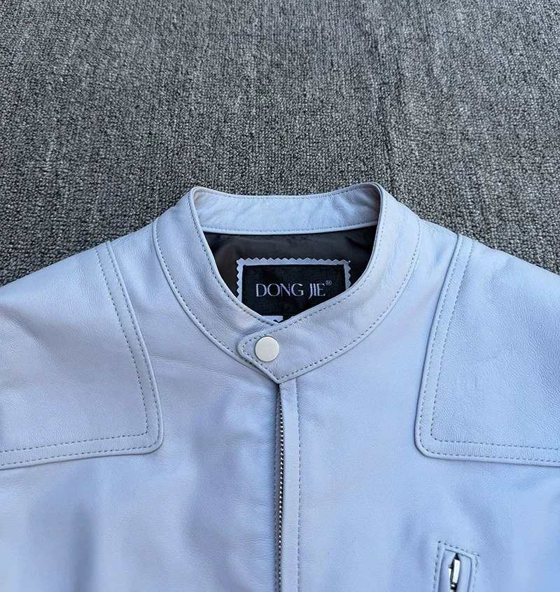 Light blue venom imported first-layer sheepskin genuine leather jacket men's stand-up collar motorcycle leather jacket large siz
