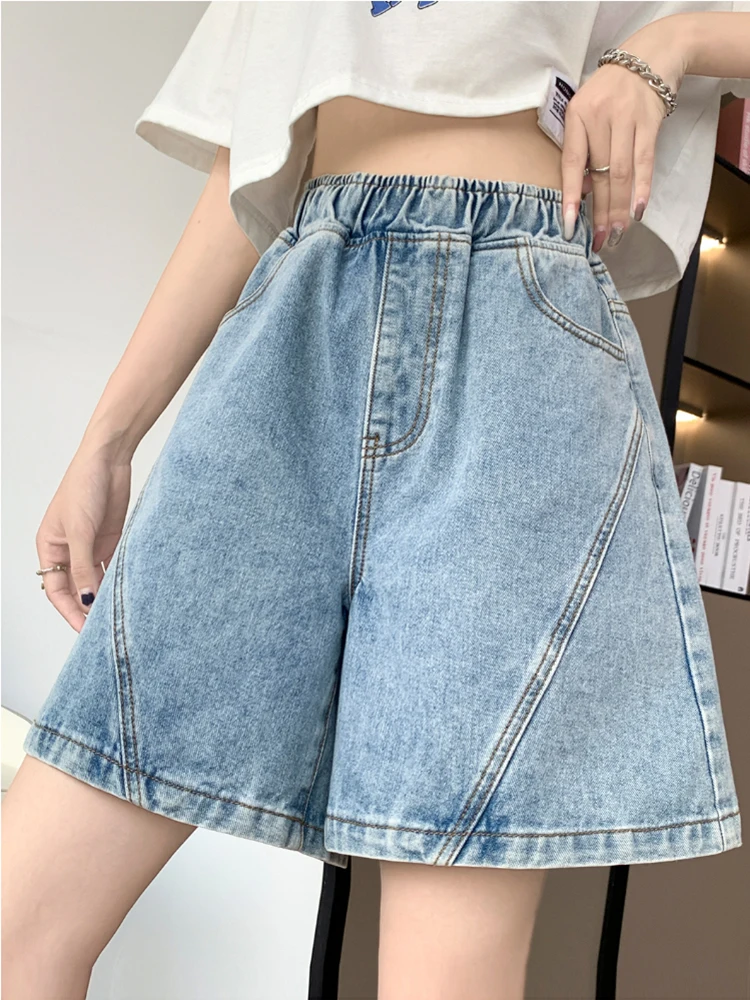 Casual Summer Bermuda Denim Shorts For Women 5XL 6XL Loose Big Size Wide Leg Short Femme Jeans Elastic Waist Midi Ladies Shorts