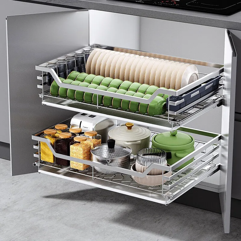 Basket Kitchen Stainless Steel Dishes Cupboard Double Toilet Cabinet Bowl Rack Blue Drawer Seasoning