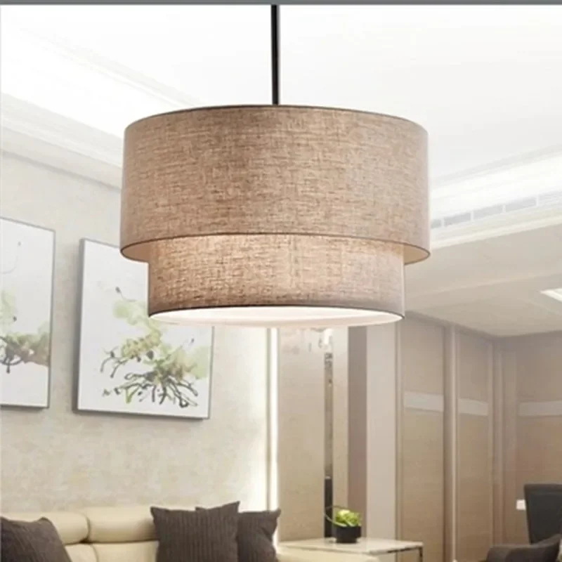 Hanging LED fabric pendant lamp flax canvas linen ligen shade drum shape pendant light fabric for dinning room living room foyer