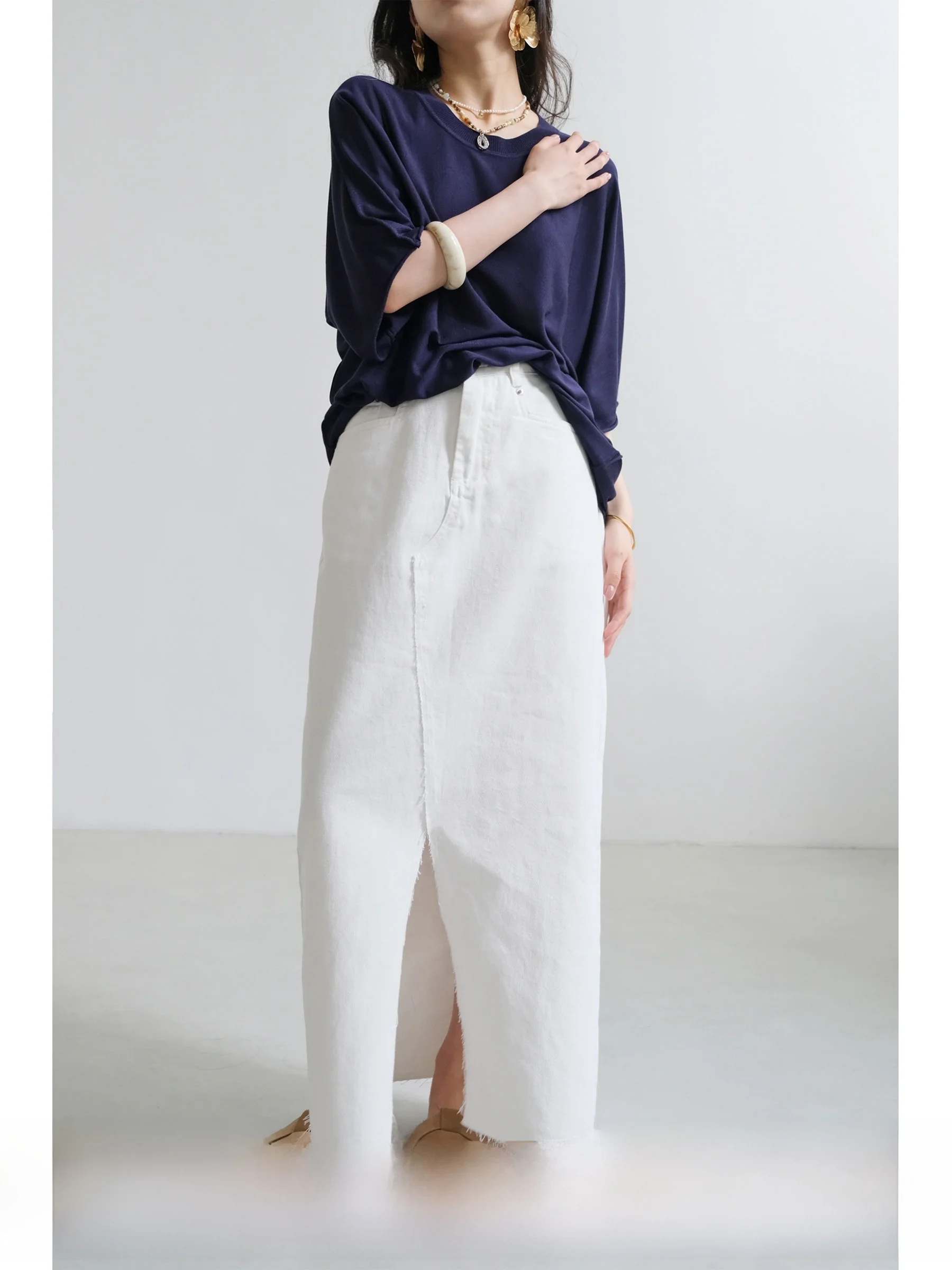 

Классическая джинсовая юбка с высокой талией, утягивающая, женская, средней длины, А-силуэт, из хлопка, прямого кроя, для повседневной носки, белая, с разрезом