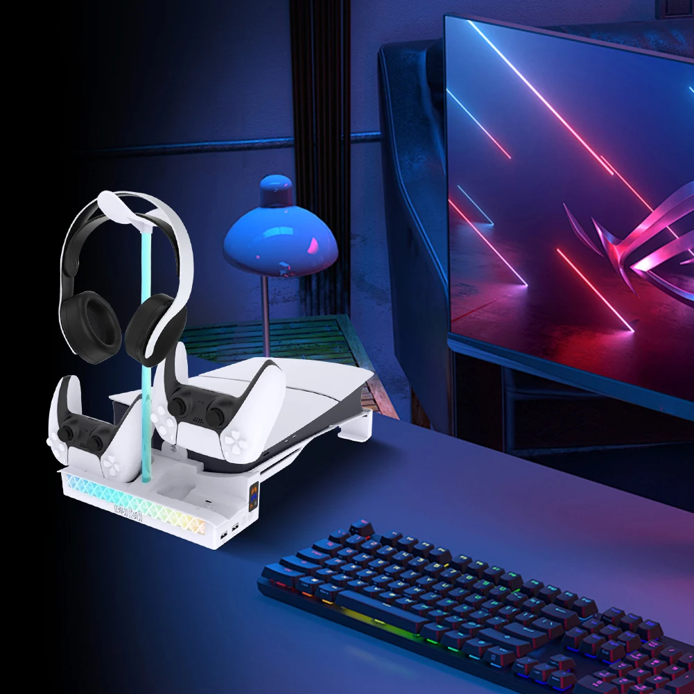 Cooling Stand with Controller Charger Headset Holder for  Slim Console for Playstation 5 Slim Disc & Digital Editions