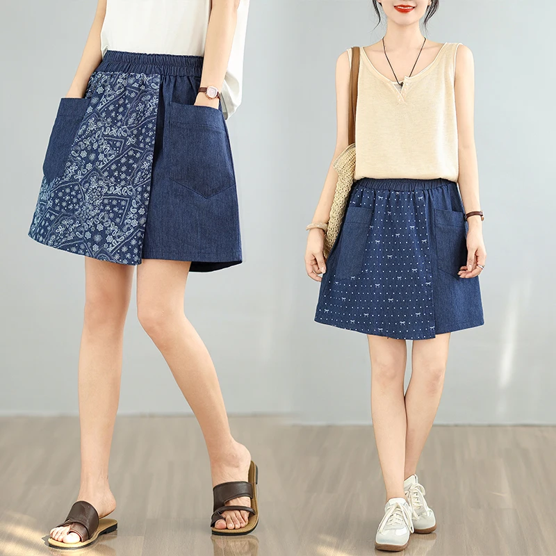 

Summer New plus Size Women's Denim Wide Leg ort Pants Blue Elastic Waist Five Parts Skirts Pants Casual Loose Fit orte