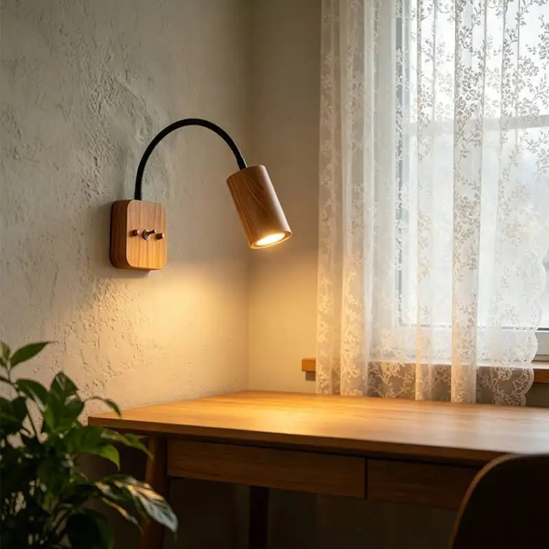 Vintage Retro Walnut Wood Color Wall Lights 360 degree Rotatable Lamp Arm Japanese Bedroom Bedside Reading Wall Lamp with Switch