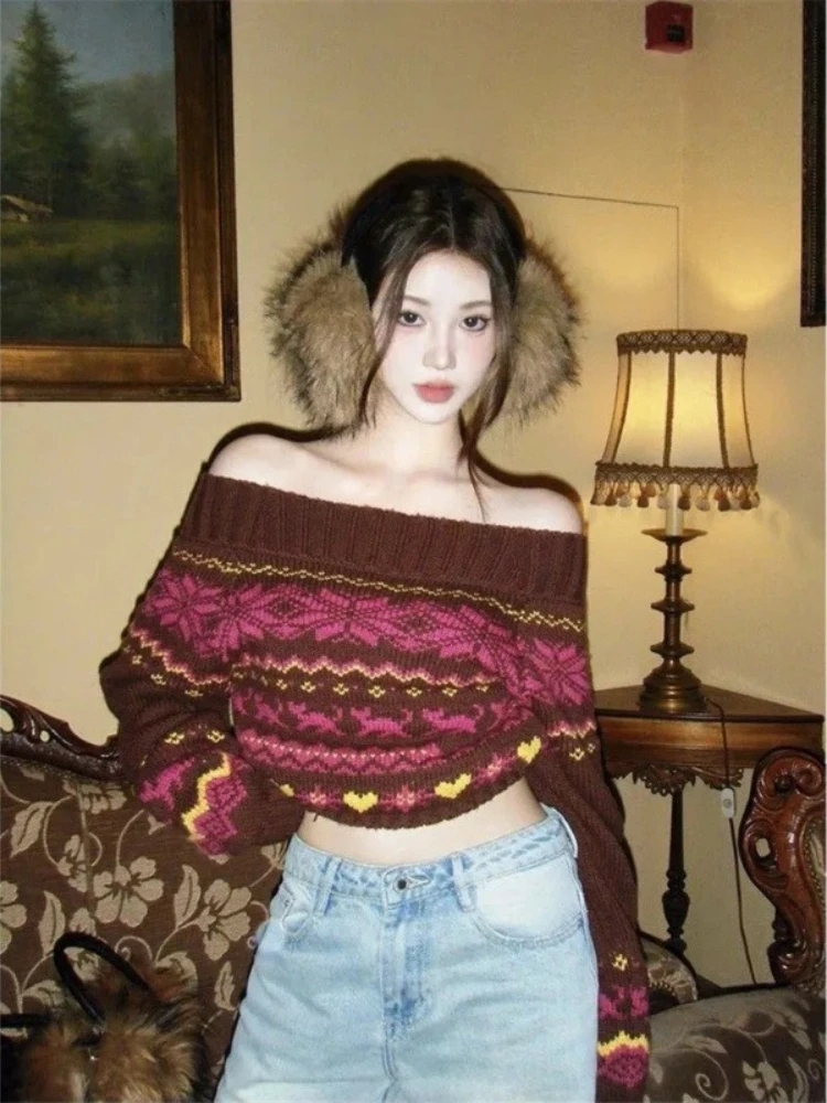 

2025 New Year Christmas Sweater Women Jacquard Off Shoulder Knit Top Pullovers Holiday Festive Party Wear Sweater Elegant Blouse