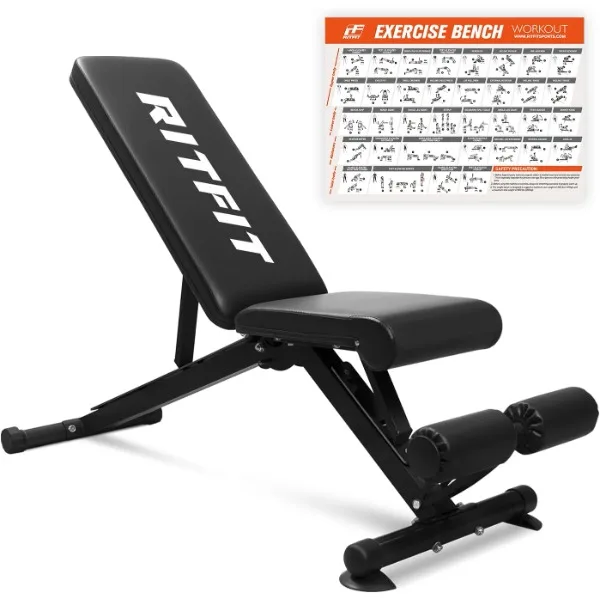 

RitFit Adjustable/Foldable Utility Weight Bench for Home Gym, Weightlifting and Strength Training - Bonus Workout Poster