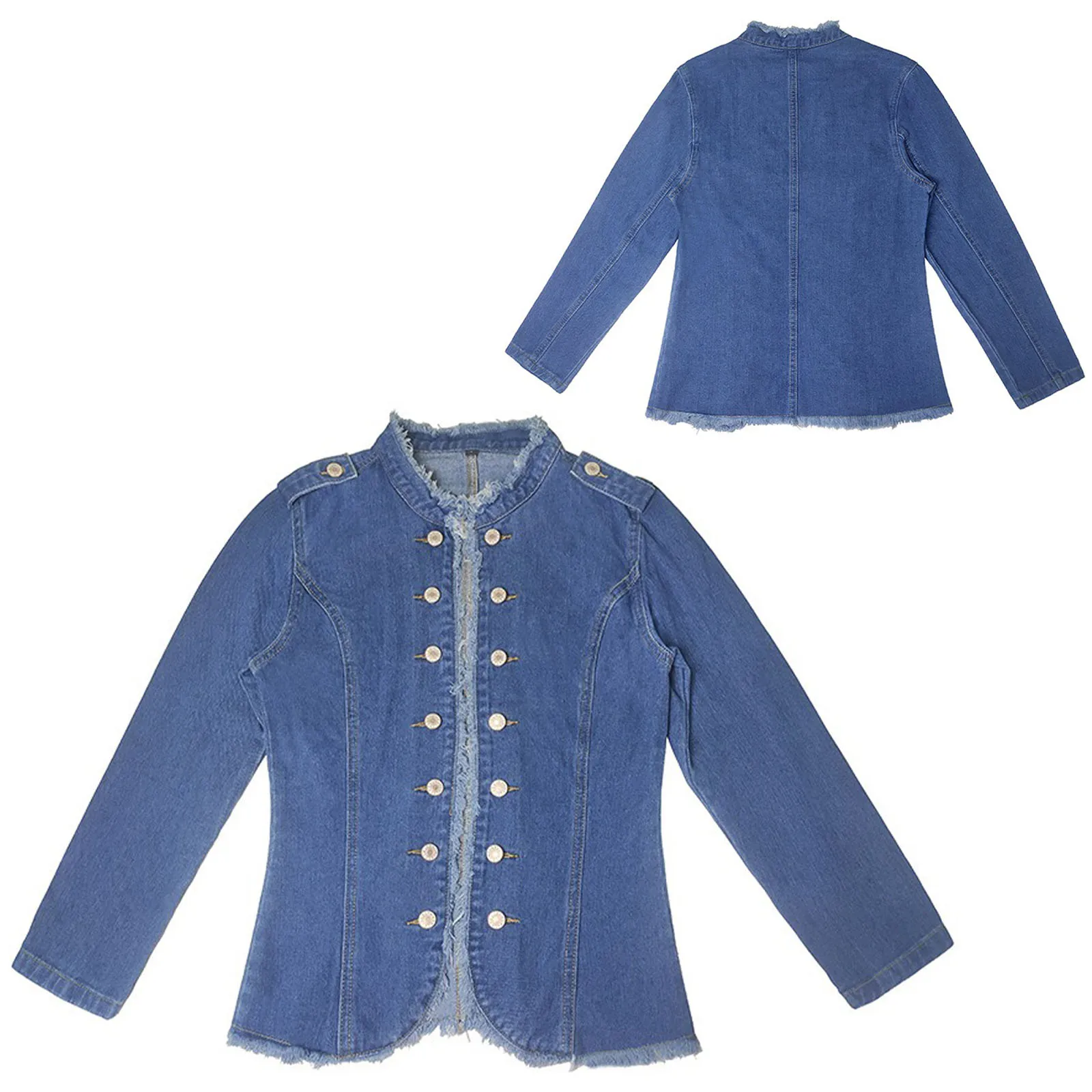 

Women Basic Denim Cropped Jackets Fashion Single-breasted Stand Collar Long Sleeve Ragged Edge Blazer Outerwear for Daily Casual