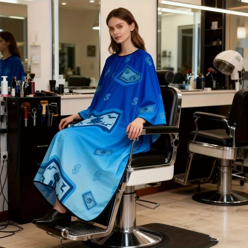 Blue Currency StyleHair Salon Robe Breathable Non Stick Hair Cutting Apron Barber Shop Cloak Tools Hairdressing Workwear Hat