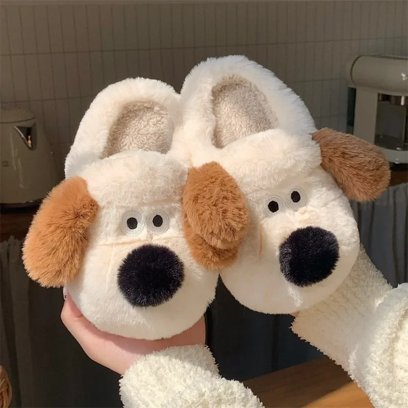 Fall and winter cute cotton slippers indoor home warm bedroom soft bottom new dog plush head cotton slippers couple parent-child