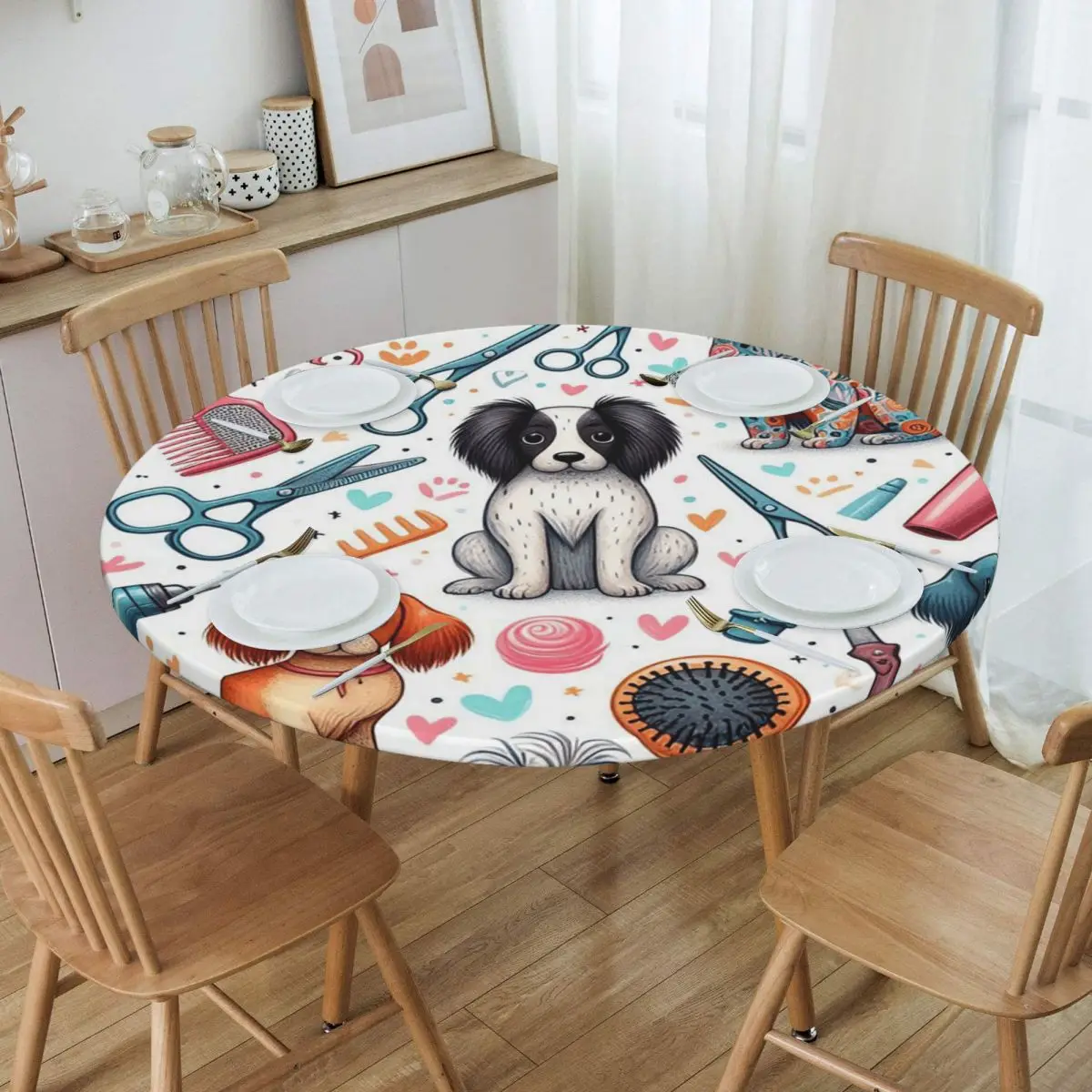 Dog Grooming Printed Waterproof Round Tablecloth Oilproof Table Cloth for Kitchen Events Dining Table Cover