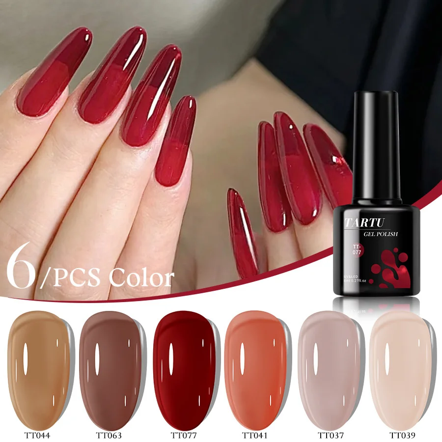 6色のジェリージェルネイルポリッシュセットには、カーキ、パープル、ホワイト、レッド、ブラウン、ブルー、ブラック、グリーンのセミパーマネントカラーが含まれています。