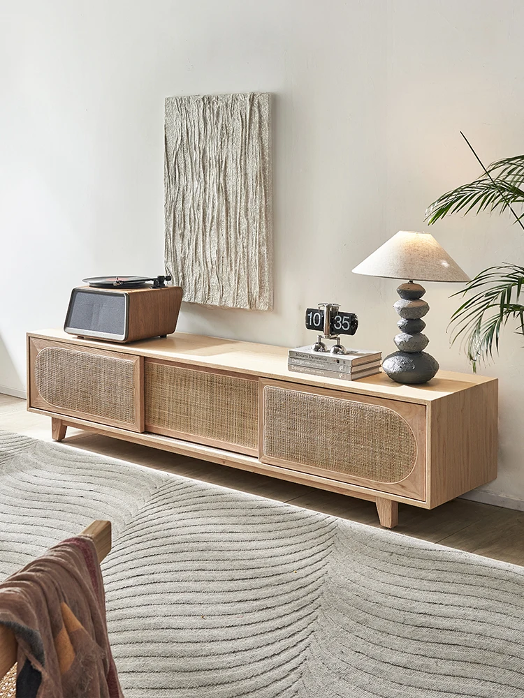 Japanese modern minimalist rattan solid wood TV cabinet, small household floor-to-ceiling creative low cabinet