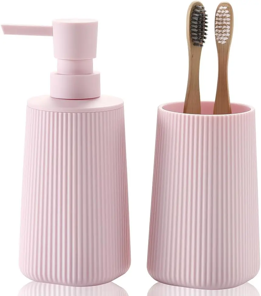 

YAUKPH Bathroom Accessories Set 2 Piece Soap Dispenser and Toothbrush Holder for Bathroom Countertop Striped Pink