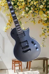 Factory Custom Matte Black Electric Guitar with White Binding and Neck,Black Hardwares,Pearl Fret Inlay,active pickups,Can be Cu