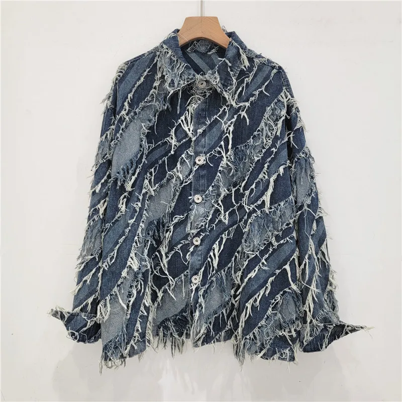 

Women Denim Jacket Streetwear Coat Patchwork Tassel Distressed Washed Single Breasted Turn Down Collar Pockets Outerwear 2025