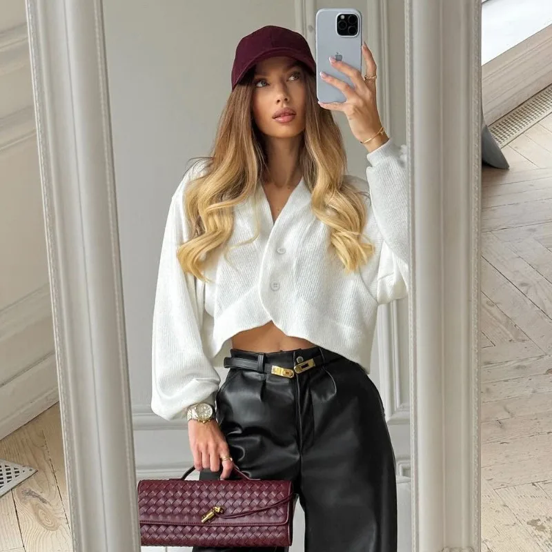 

Tuularose White V-Neck Knit Cardigan New Casual Oversized Basic Sweater Fashion Spring Autumn Commuter Elegant Women's Outerwear