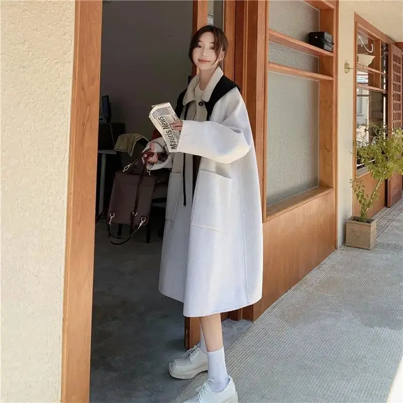 Woolen Coats Women Loose Fit Elegant Ladies Patchwork Fashion Streetwear Chic All-match Casual Panelled Soft Korean Style Trendy