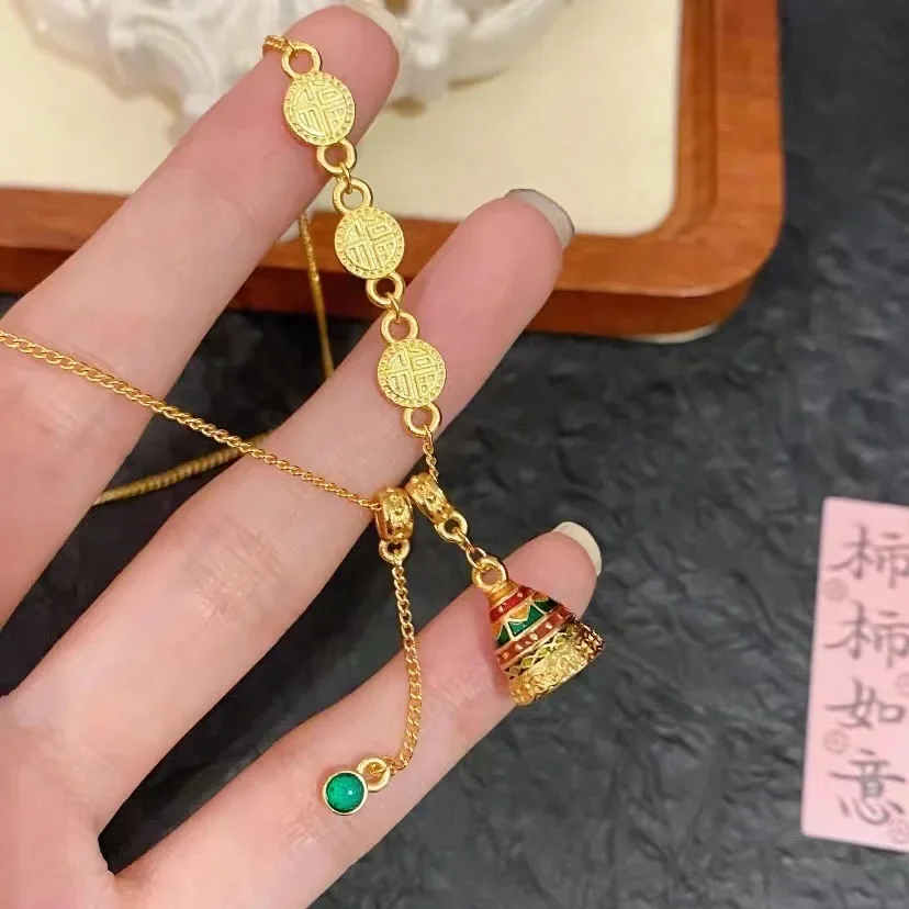 

Light Luxury 24K Real Gold Ancient Enamel Wishing Tower Tassel Necklace Set Chain Au999 Pure Gold New Chinese Fu Word Set Chain