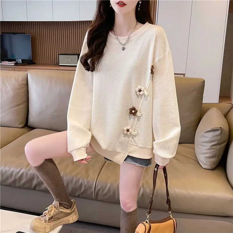 Design Sense Niche Long Sleeved New Versatile Korean Version Loose Plus Size Waffle Hoodie Top for Women