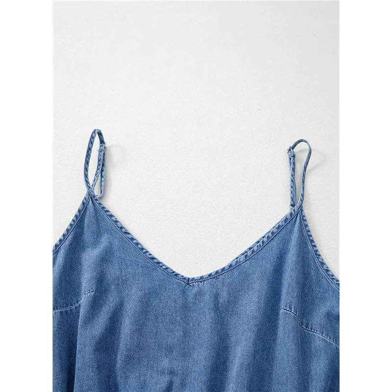 

CGS-Womens Vintage Denim Rompers Summer Distressed Spaghetti Strap V Neck Wide Leg Belted Short Jean Jumpsuit