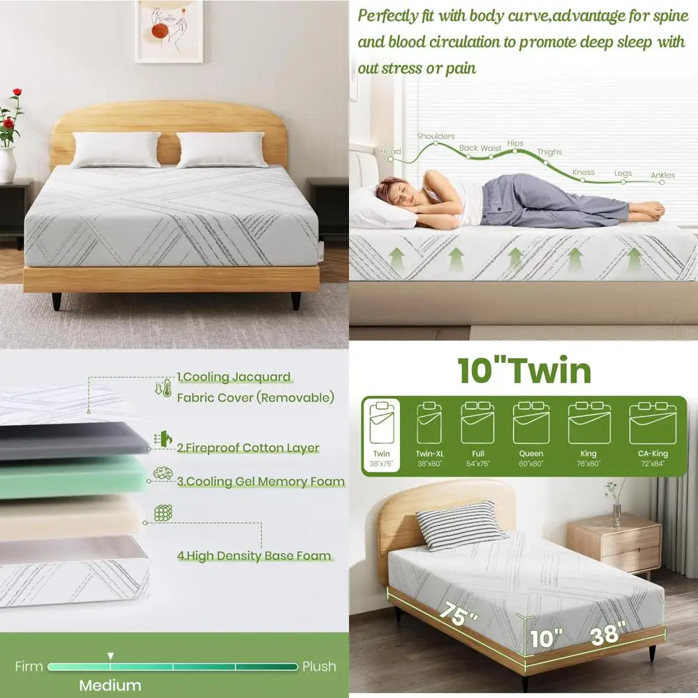 Medium Firm Twin Mattress 10 Inch Cooling Gel Memory Foam, Easy Setup in a Box, Washable Cover, Premium Quality Sleep Solution