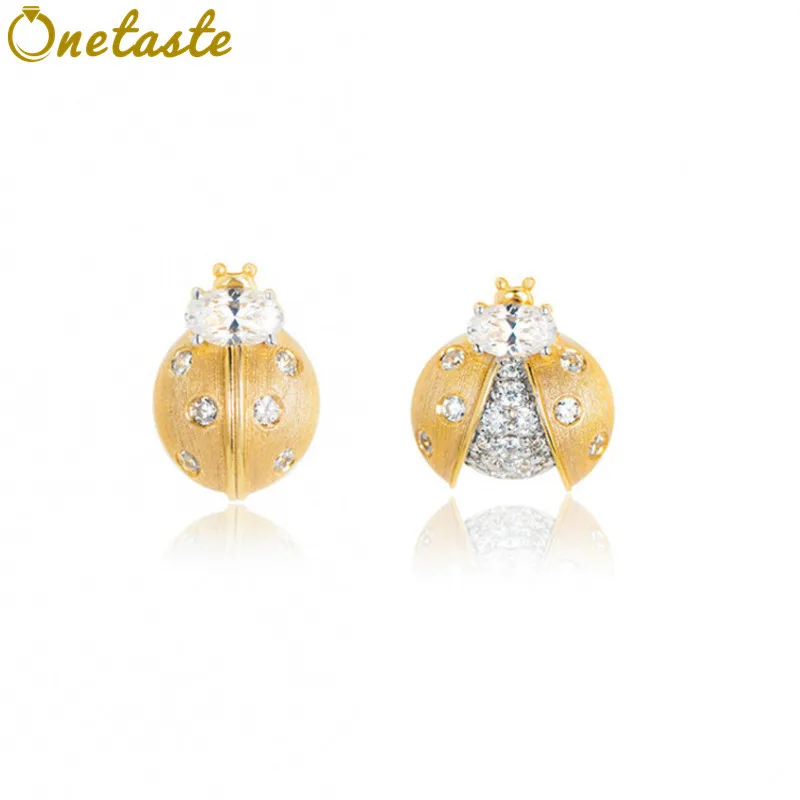 925 Silver 18K Gold Brushed Cubic Zirconia Insect Ladybug AB Asymmetric Stud Earrings Women Cute Dainty Trendy Small Earring
