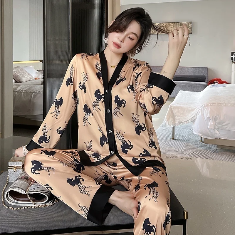 Lisacmvpnel Satin XXL Plus Size Women Pajama Set Print Fashon Long Sleeve Suit Pyjamas