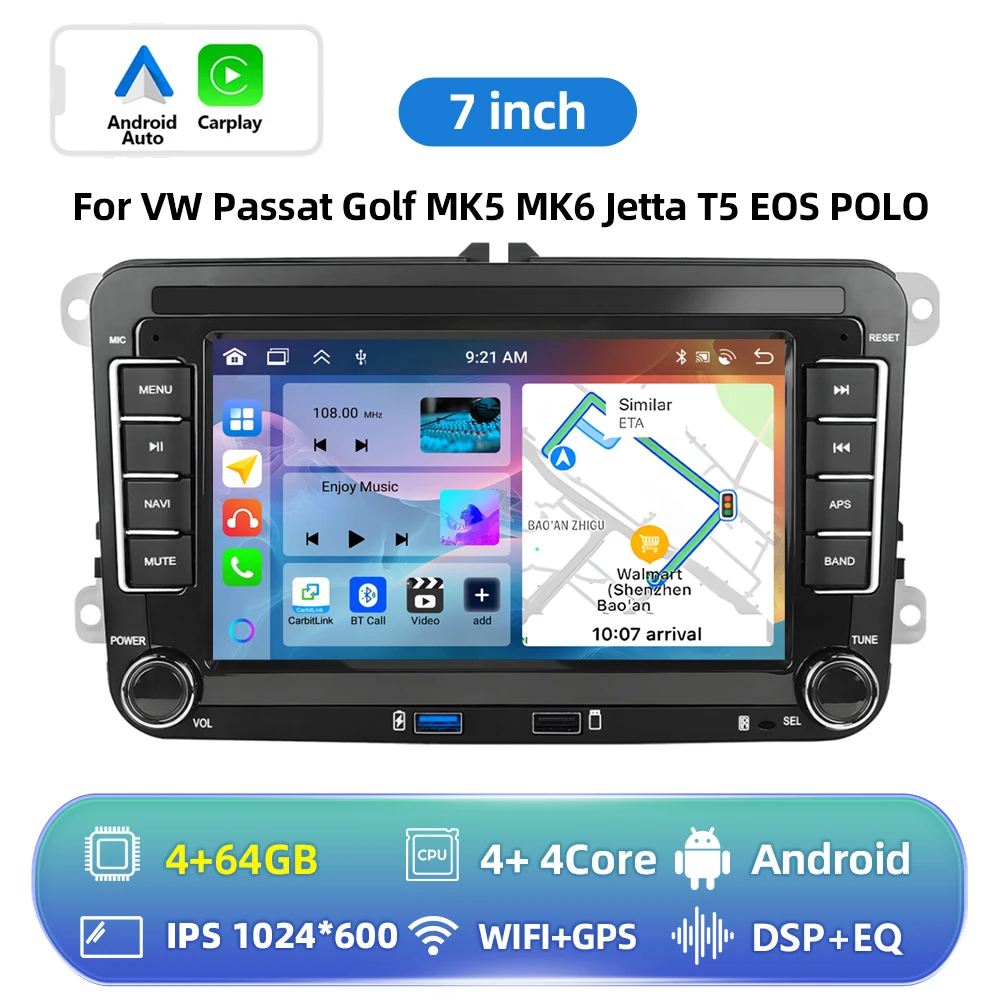 Podofo 6+128G Android 2Din autoradio met Carplay, Android Auto, GPS, FM-ontvanger, AI-stem, DSP voor VW, Seat, Skoda, PASSAT, GOLF