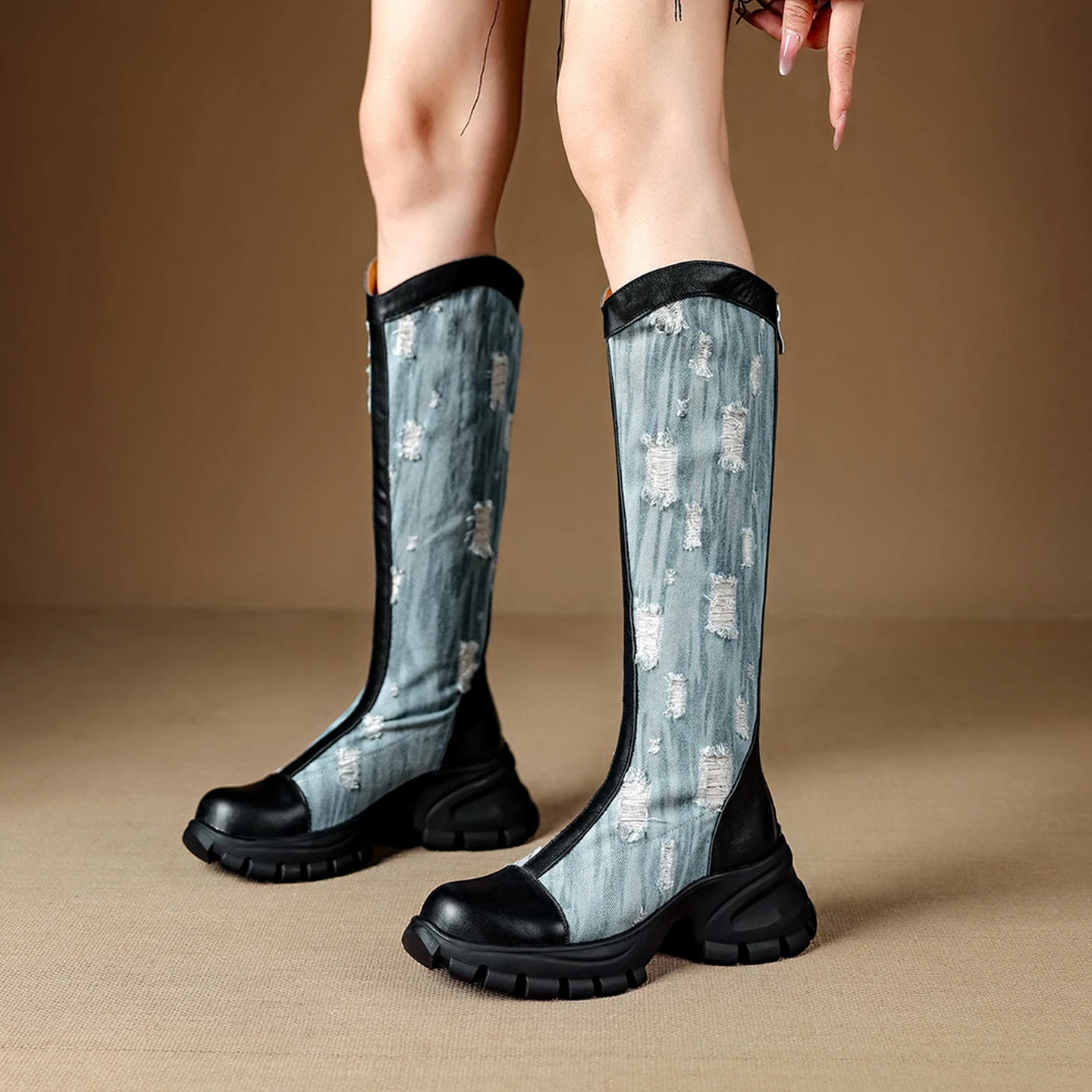 

Genuine Leather Mixed Denim Fashion winter woman boots Western Cowboy Booties Knee Boots,,knight boots,Modern boots,High Boots