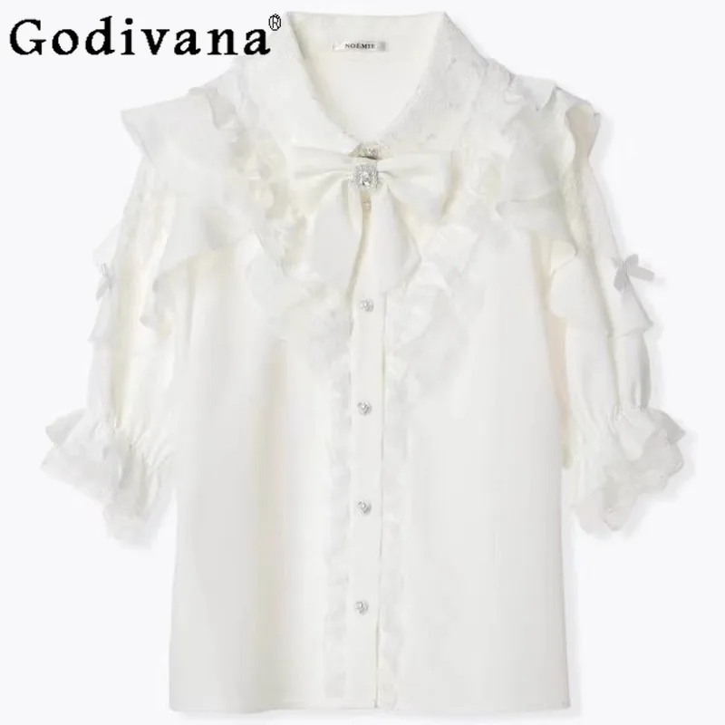 

Ruffled Bow Off Shoulder Shirt for Women Japanese Style Lace Short Sleeve Sweet Blouse Female Lace Bow Design Shirt Top