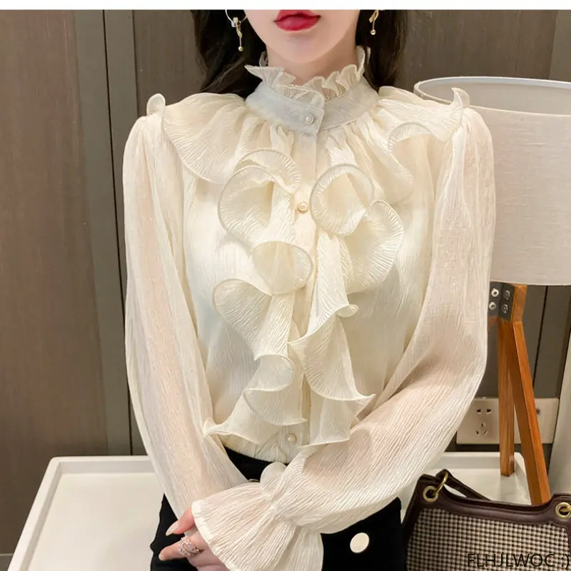 Tops de malla con volantes para mujer, camisas básicas sólidas de estilo coreano, diseño de moda francesa, manga acampanada, elegante para oficina, 2023