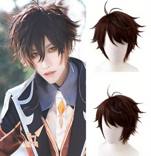 Anime Cosplay Party Wigs for Halloween Short Straight Brown for Peluca Marrón Synthetic Hair Wig for Boys Costume Nartual Wig