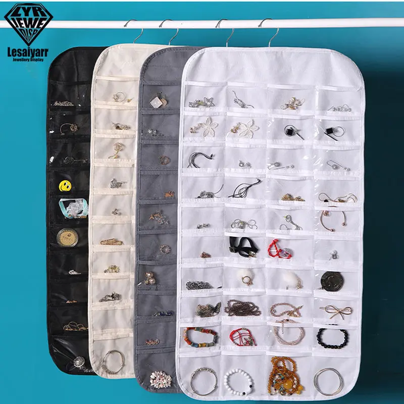 

Simple Hot Hanging Storage Necklace Ring Earring Jewelry Organizer 80 Pockets Double Sided Holder Wardrobe Display Large Bag