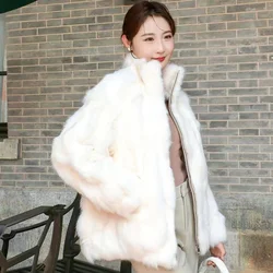 2024 New Autumn Winter Genuine Rabbit Fur Coat Women's Fur One Piece High Collar Outerwear Simple Fashion Warm Loose Tops