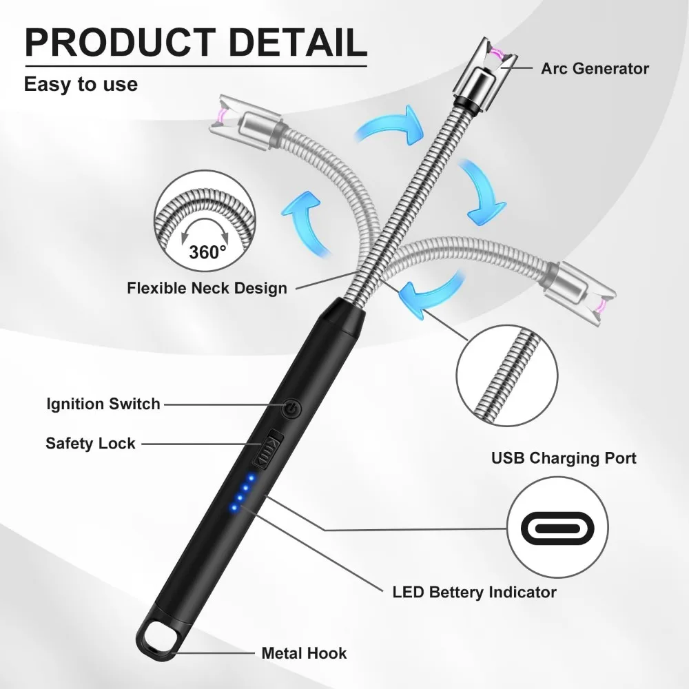2 Pack USB Rechargeable Windproof Electric Lighter with Flexible Neck & Safety Lock for Candle, Grill, BBQ, Stove