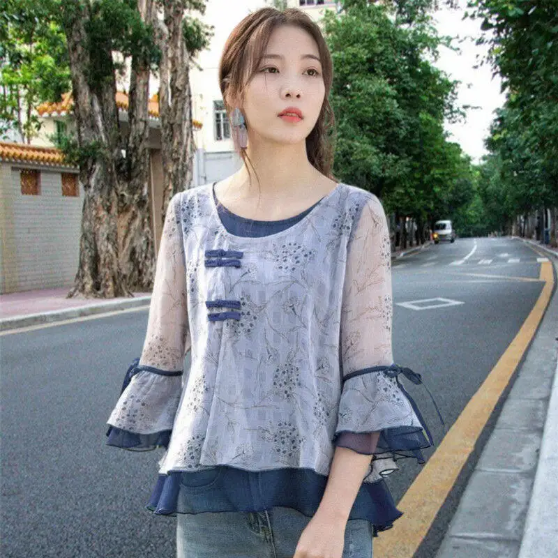 2026Summer New Women Retro Loose Chiffon Shirt Tops Stylish Versatile Niche Fairy Style Soft Comfort Seven Quarter Sleeved Shirt