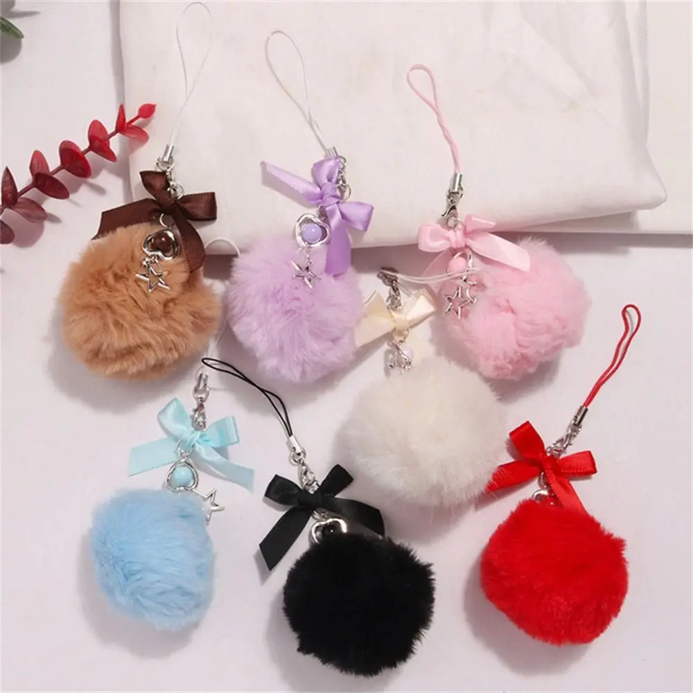 

Ribbon Bow Mobile Phone Lanyard Hanging Cord Bag Pendant Hairball Pendant Soft Cute Fluffy Pompom Keychains Keys Backpack