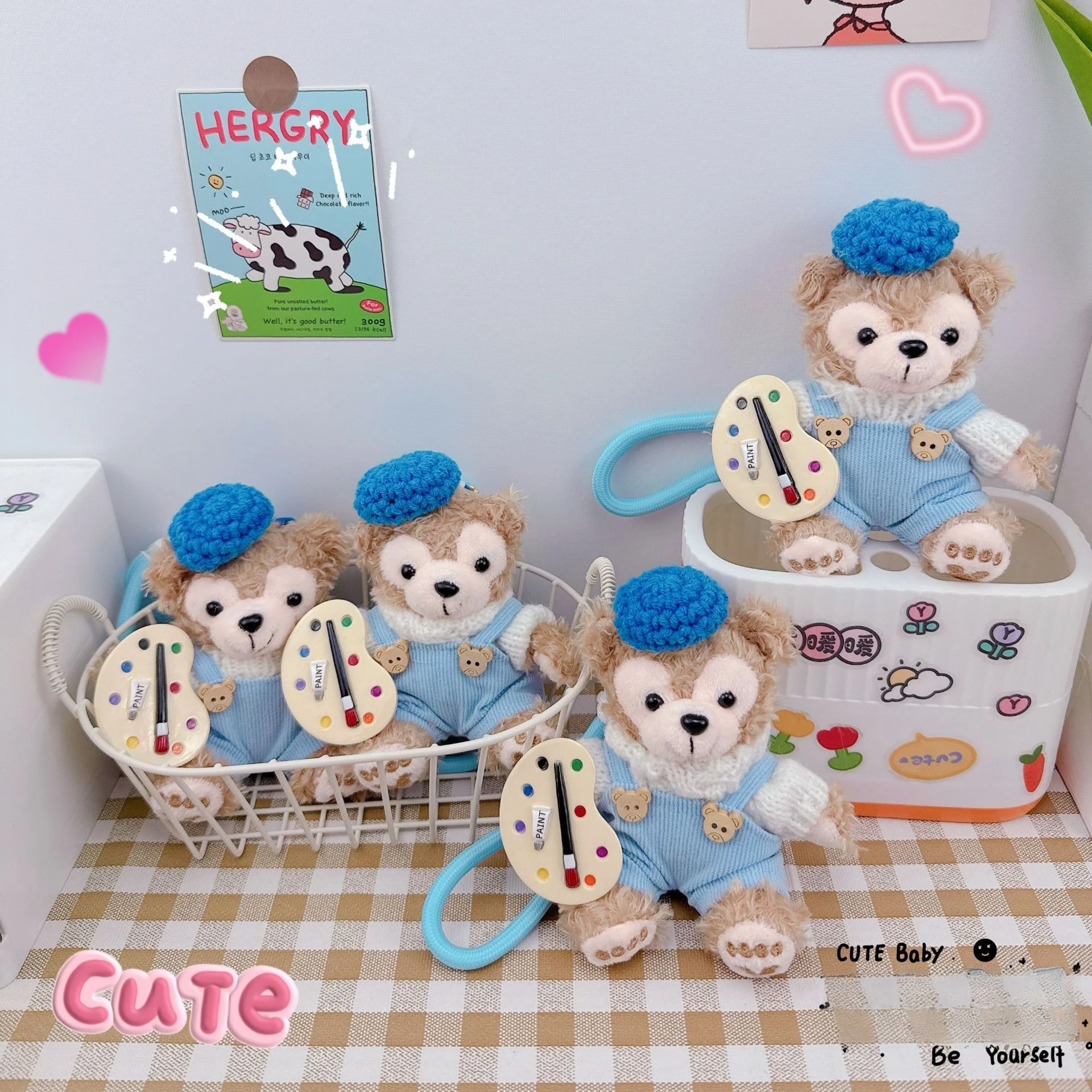 Miniso 画家ダッフィーシオングシャオ車のキーホルダーペンダントクリエイティブぬいぐるみシャーリーメイダッフィーシオング通学小さな吊り飾り