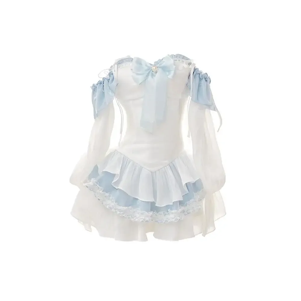 여성을위한 달콤한 블루 화이트 슬림 허리 드레스 2025 Sumemr 새로운 a 라인 드레스 Y2k 오프 어깨 활 긴 소매 Vestidos Mujer 2025