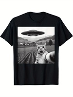 UFO and cat pattern prints, casual, loose and humorous, funny clothing, 100% cotton T-shirt for men