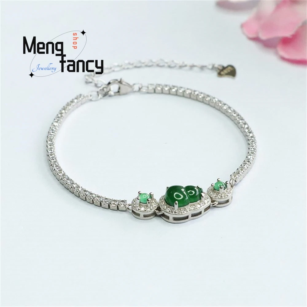 S925 Silver Lnlaid Natural Jadeite Ice Type Imperial Green Gourd String Bracelet Exquisite Elegant High-grade Fashion Jewelry