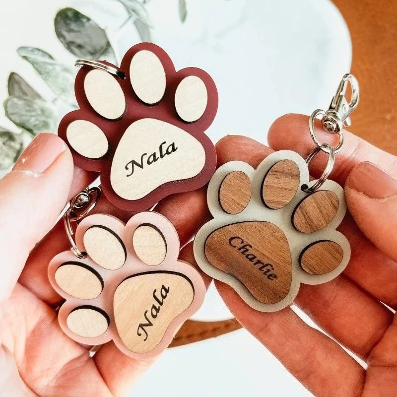 

50/100 PCS Personalized customization lovely dog paw keychain wood hanging hook pandent plate for pet badges car key card gifts