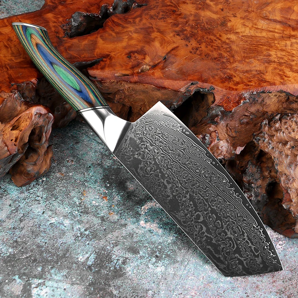 

7 Inch Chinese Cleaver Knife Sharp Damascus Steel Japanese Vegetable Meat Chopper Butcher Knife, Green Colored Wooden Handle