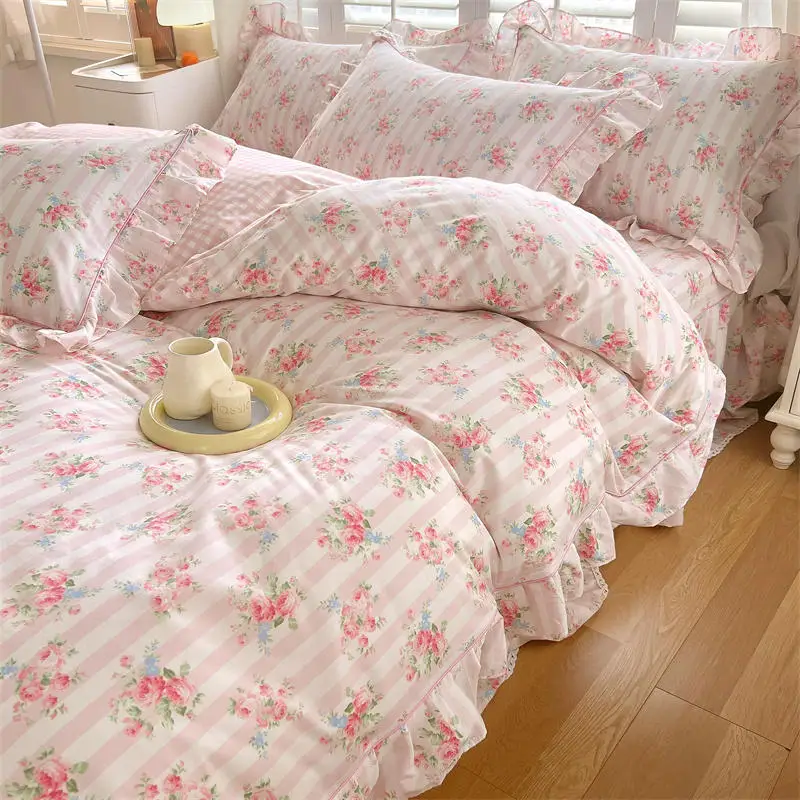 Bonenjoy-Capa de edredão cor rosa com babados, 100% algodão, estampada em flores, capa de cama para meninas, pura, cama, rei