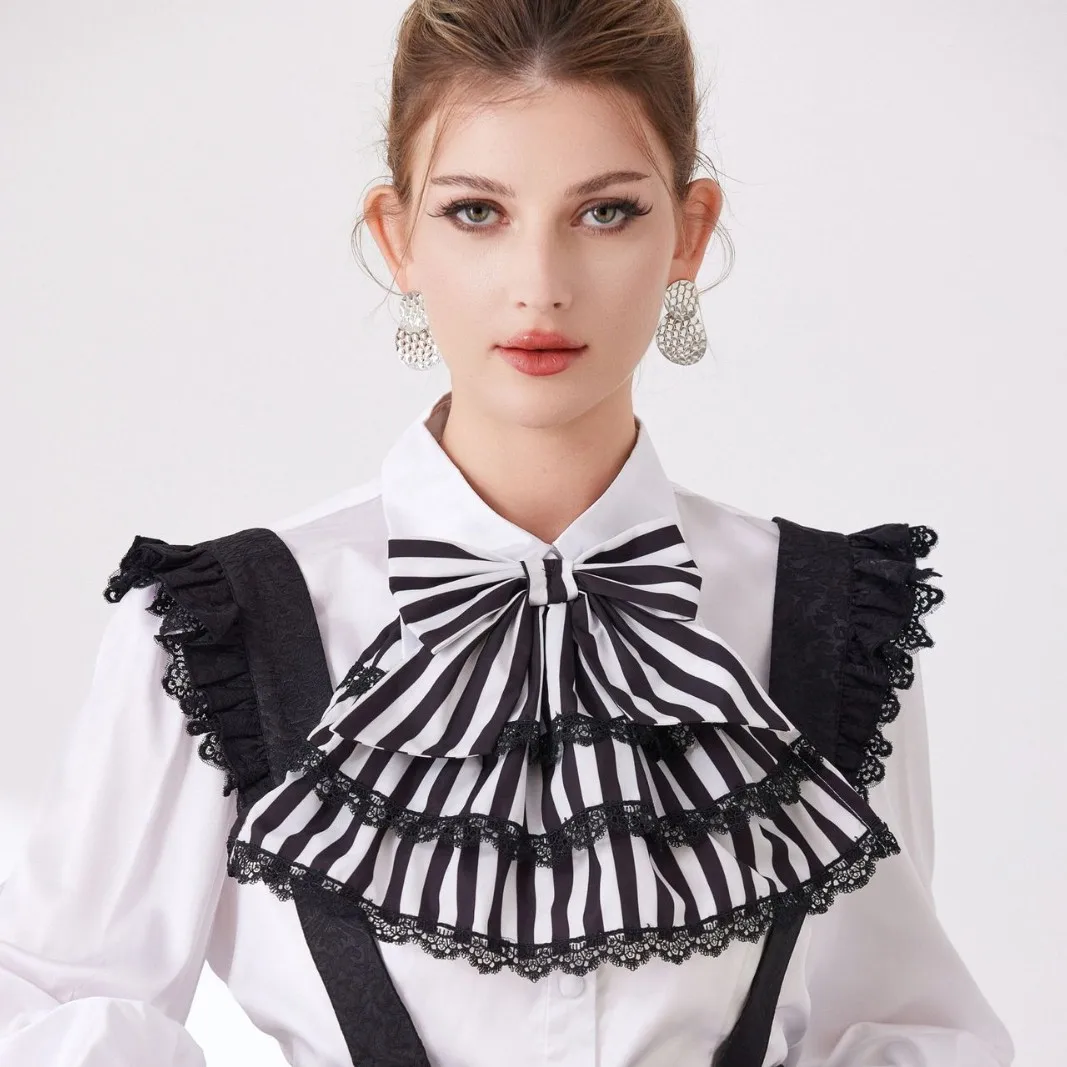 Vintage Halter Neck Fake Collar Lace Striped Bow Detachable Collar for Stage Performance Decoration