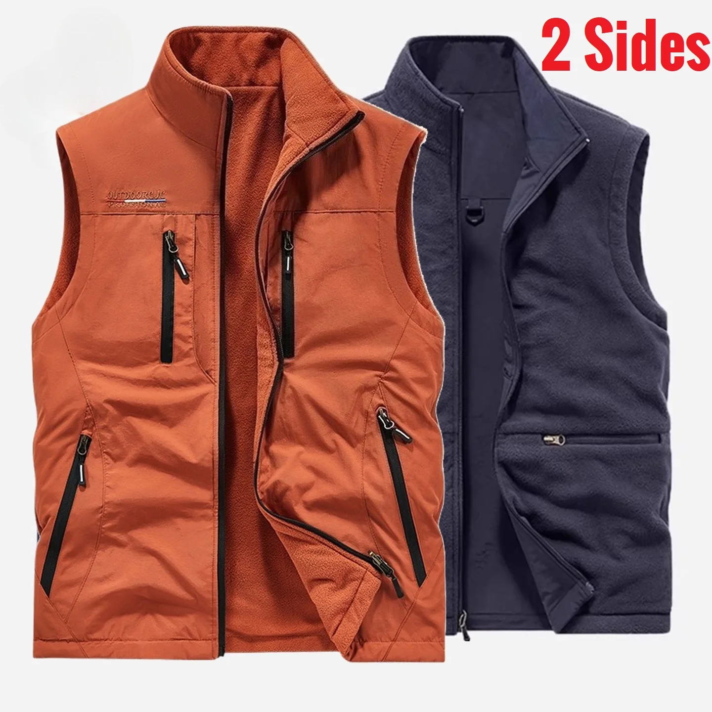 

Double 2 Sided Sleeveless Jacket Men Fleece Lined Vest Male Spring Climbing Hunting Fishing Camping Wear Waistcoat Multi Pocket