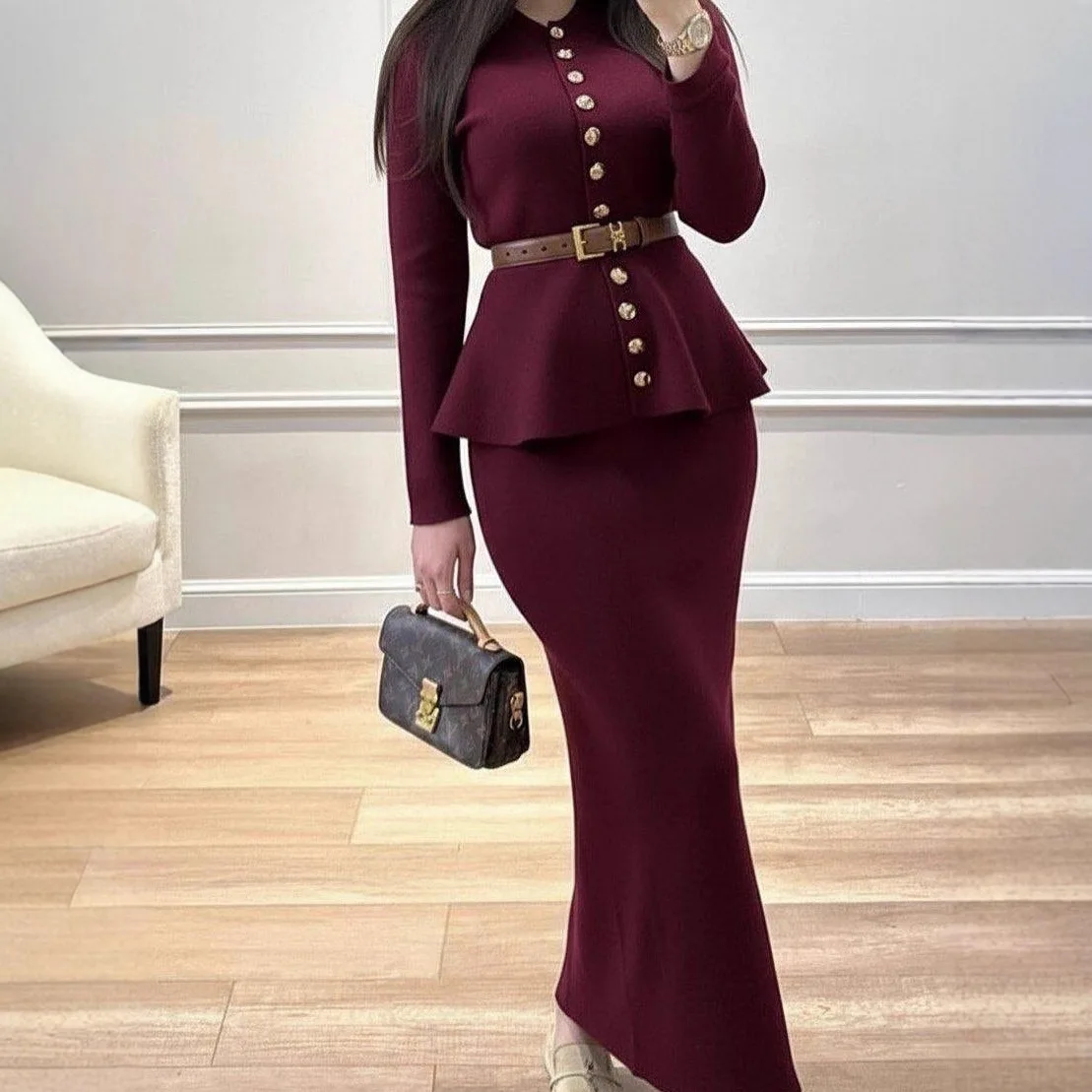 Women Two Piece Sets Skirt Set Y2k Streetwear Elegant Work Turn Down Collar Full Sleeve Tops Hip Wrap Mermaid Skirts Belt Spring image 3