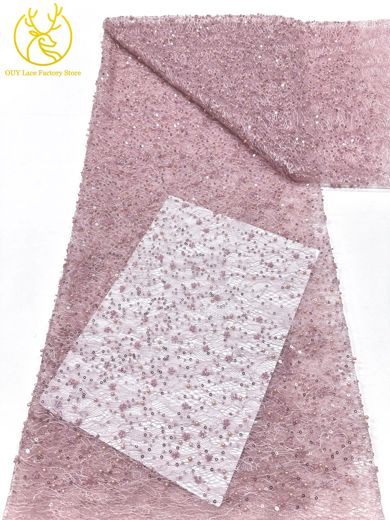 Kaffeebraune französische Tüllspitze mit Pailletten, 5 Yards, hochwertige afrikanische Spitze, nigerianischer Perlenstickerei-Spitzenstoff zum Nähen von Damen-Abendkleidern – Detail 19